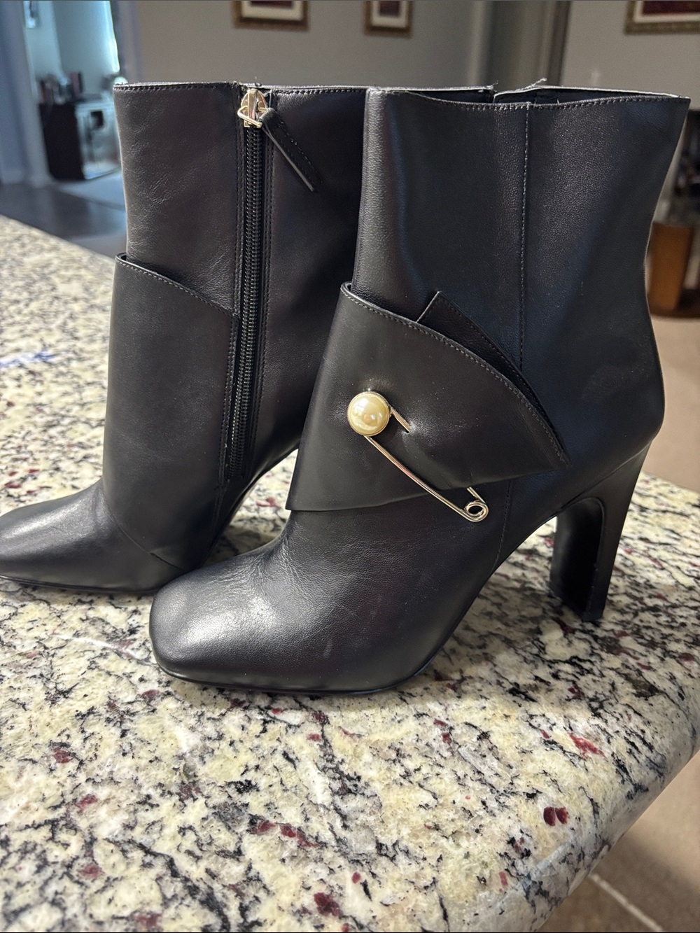 Nine West Black Leather Ankle Boots with Pearl & Gold Pin Accent